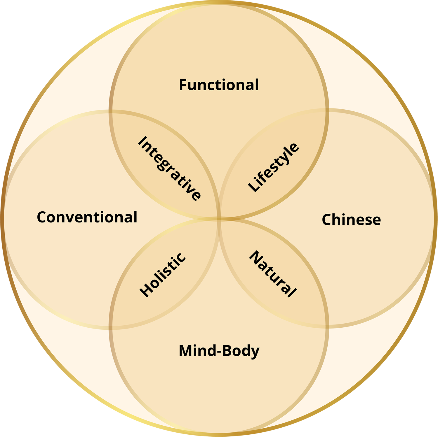 Overlapping circles connect Functional, Conventional, Chinese and Mind-Body medicine through Integrative, Lifestyle, Holistic and Natural approaches.